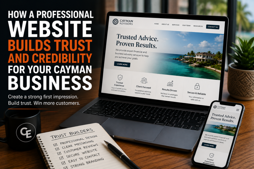 A laptop and phone showing a Cayman business advisory website, beside a handwritten checklist of website trust builders