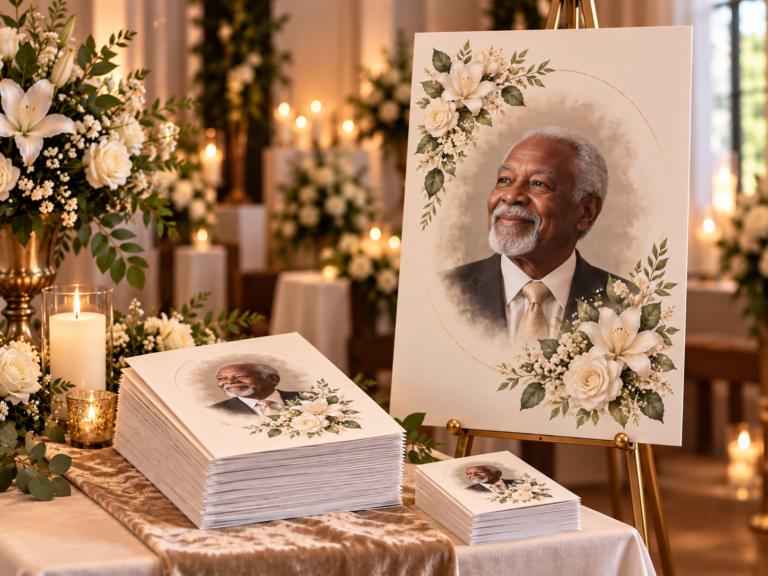 Celebration of Life package: a memorial portrait board with funeral programs and memorial cards