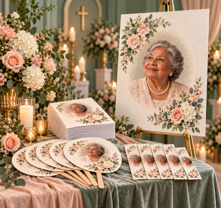 Cherished Memories package: a memorial portrait board with funeral programs, memorial fans and bookmarks