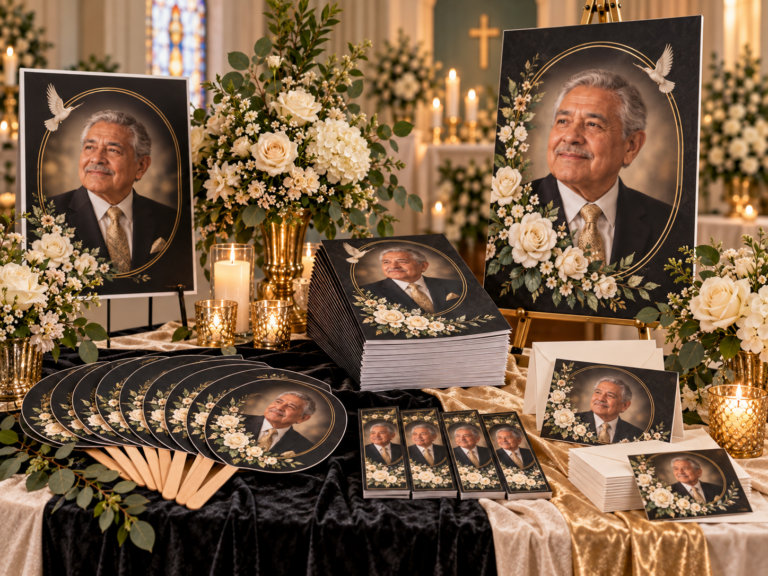 Legacy Tribute package: memorial displays with funeral programs, memorial fans, bookmarks and thank-you cards
