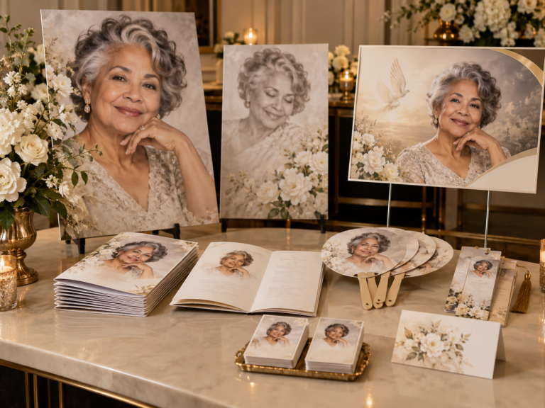 Signature Memorial package: memorial displays with booklet funeral programs, memorial fans, bookmarks and cards