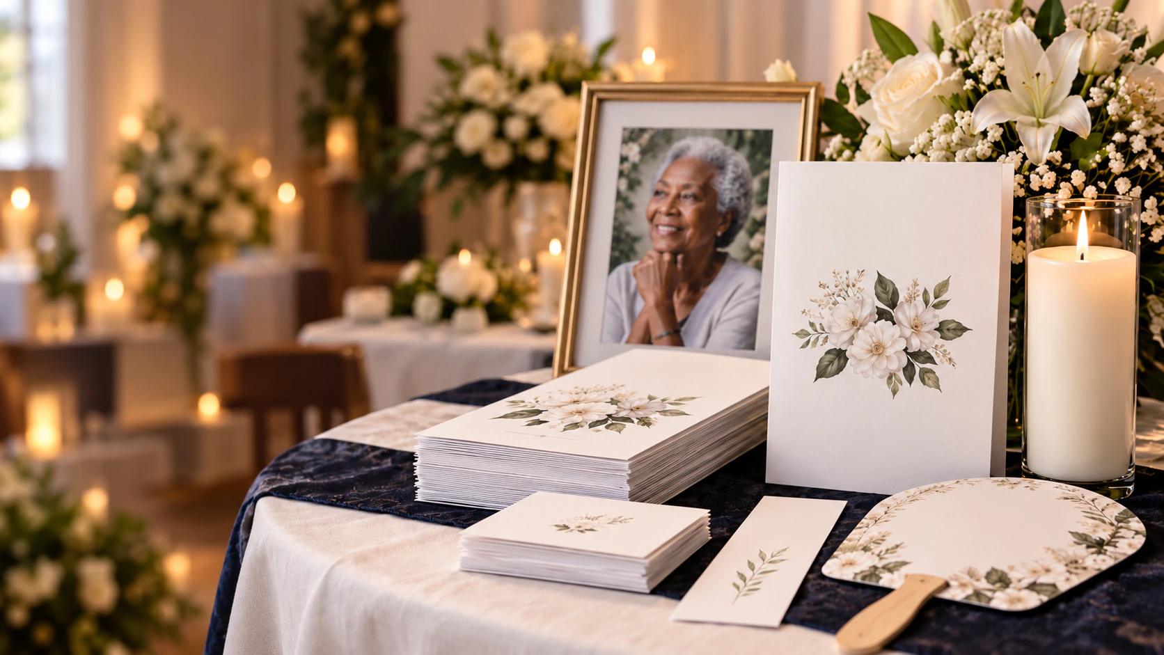 A memorial keepsake table with a framed portrait, funeral programs, prayer cards and a hand fan