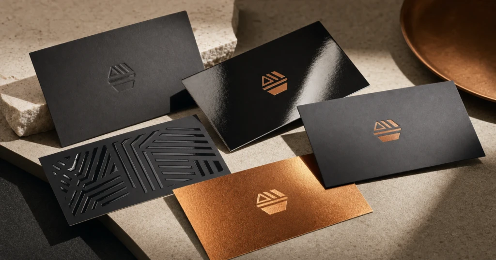 Premium business cards showing matte, gloss and specialty print finishes