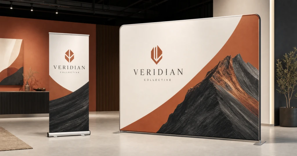 Retractable banner stand and tension fabric display shown side by side