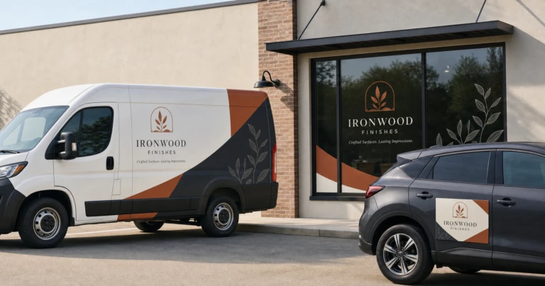 Vehicle graphics, storefront window graphics and vehicle magnet used by a fictional business
