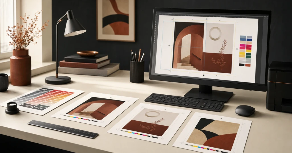 Professional workspace preparing print artwork with proofs and color references