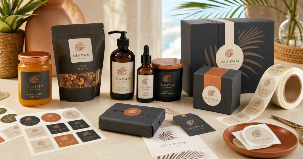 Custom stickers, product labels and roll labels on fictional Cayman business packaging