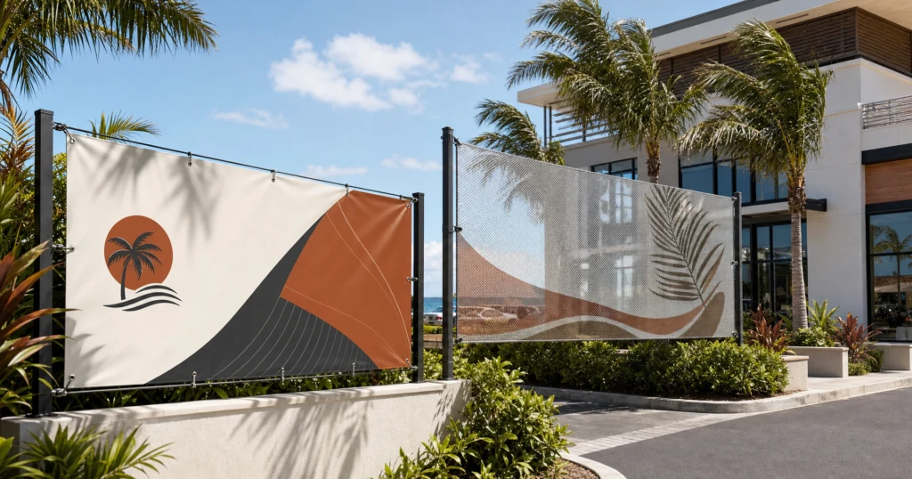 Vinyl and mesh outdoor banners displayed in a tropical Cayman setting
