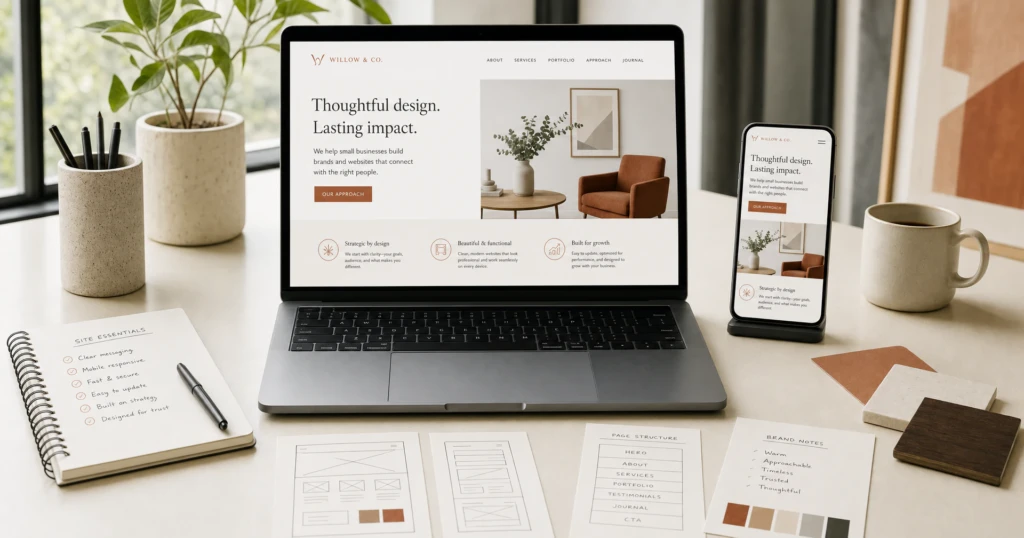 Responsive small business website displayed on laptop and mobile devices